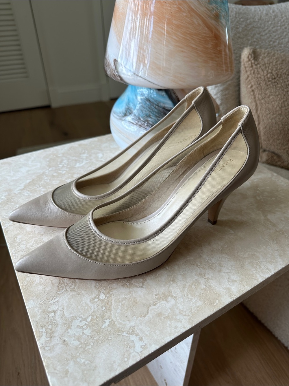 KHAITE Pointed Toe Leather Pumps Sz 38.5 Beige Tan Kitten Heel Carolyn Bassette